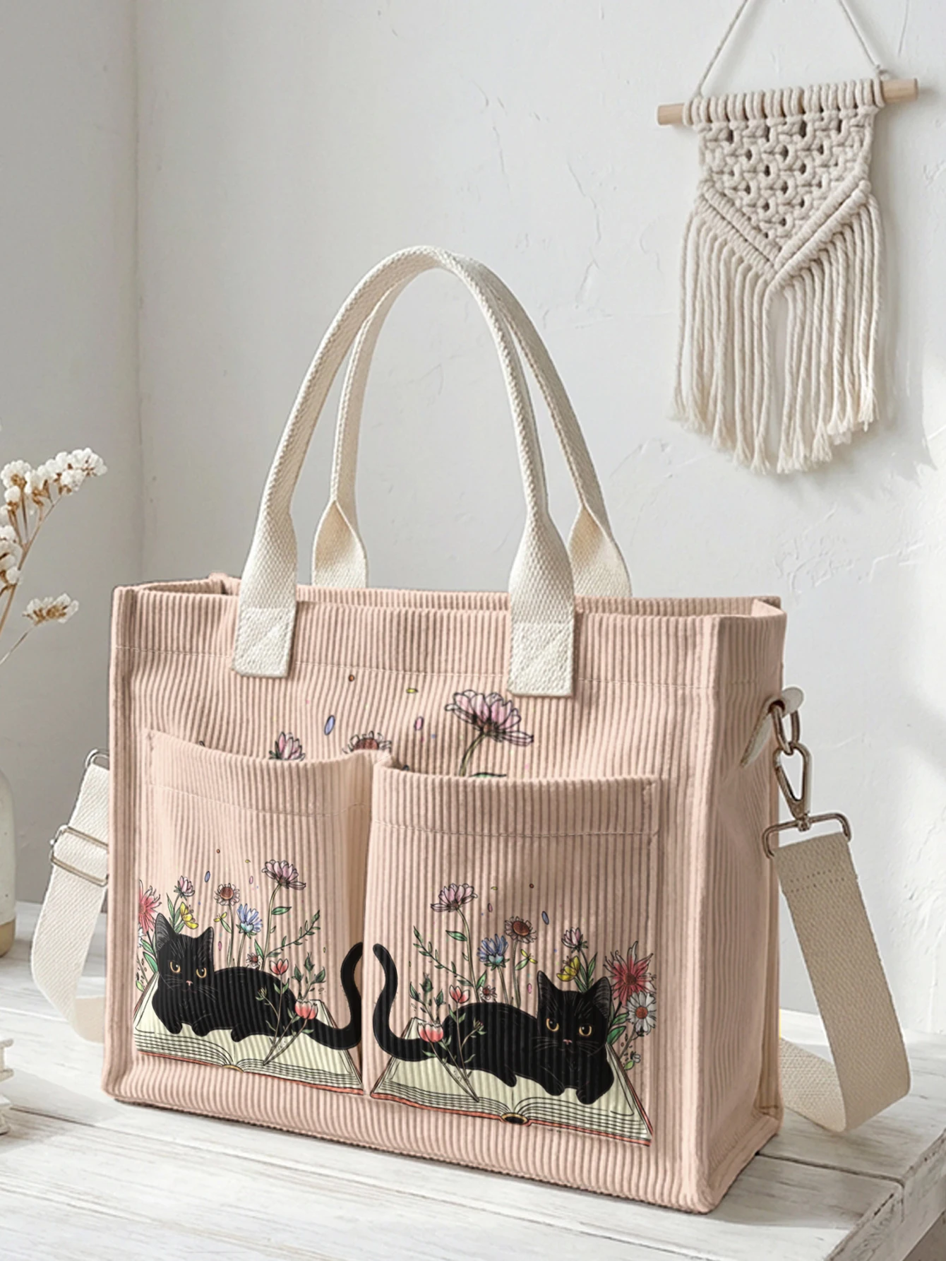 Bolso Tote de Pana Rosa con Estampado de Gato Negro y Libro, Gran Capacidad, Múltiples Bolsillos, Bolso de Hombro para Amantes de los Gatos