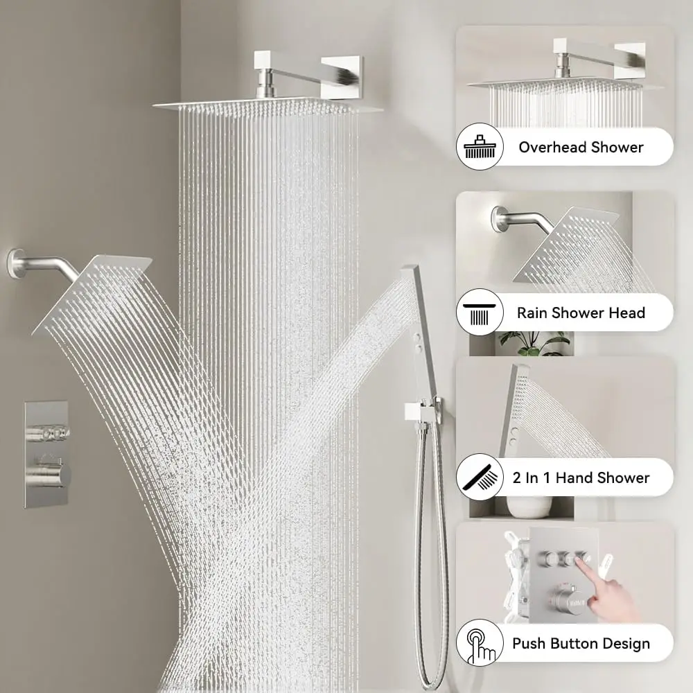 Thermostatic Shower System Brushed Nickel, Shower Faucets Sets 12+ 6