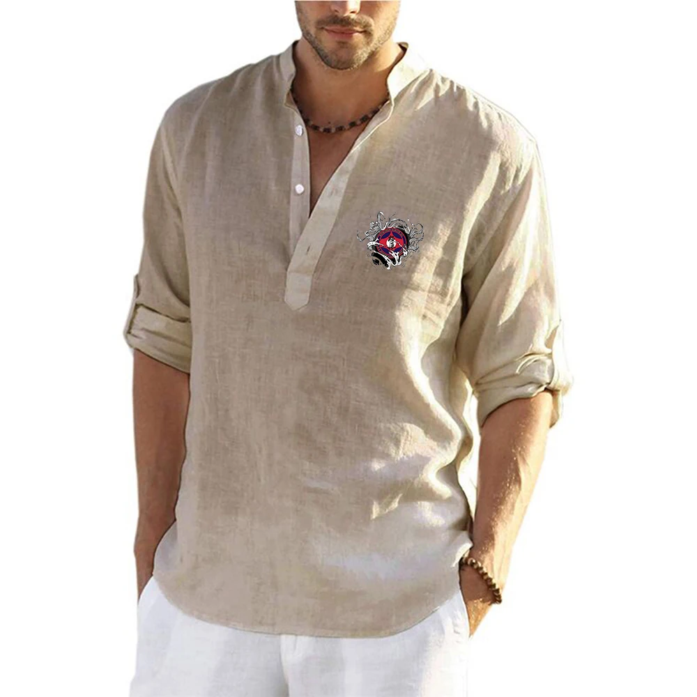 2026 Kyokushin Karate Print Spring And Autumn Men's New Men's Linen Long Sleeve Shirt Button V-Neck Casual Lightweight Tops