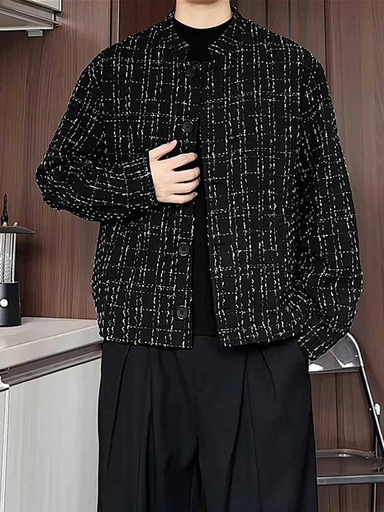 

American Sle ort Stand Collar Plaid Men's Suit Jaet Bla Fraance Sle Spring Autumn Casual Anti-Wrinkle Long Sve