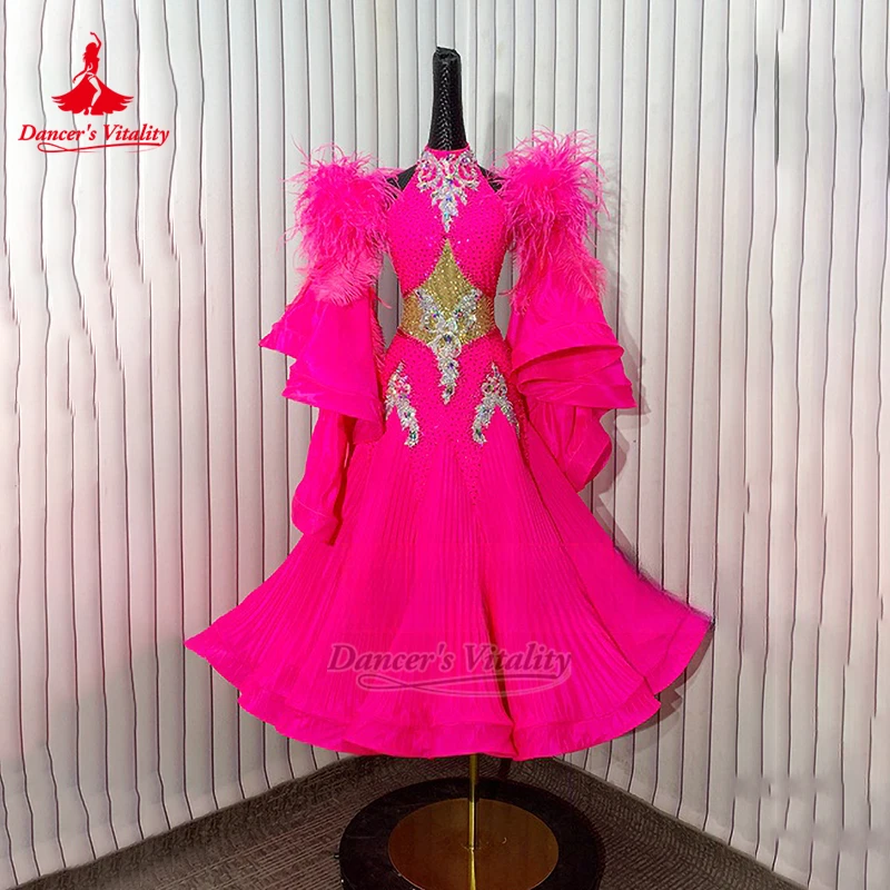 Adult&Teenagers Ballroom High-neck Wrapped Hips Graceful Attire Customize Dancer's Vitality Waltz Tango Pleated Big Swing Dress
