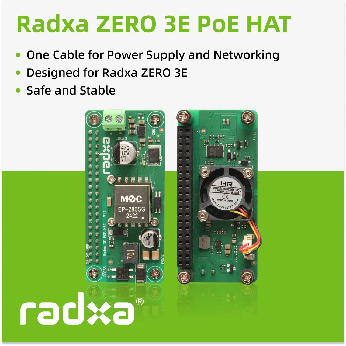 

Radxa ZERO 3E PoE HAT, Designed for Radxa ZERO 3E, Easy to Install and Remove.