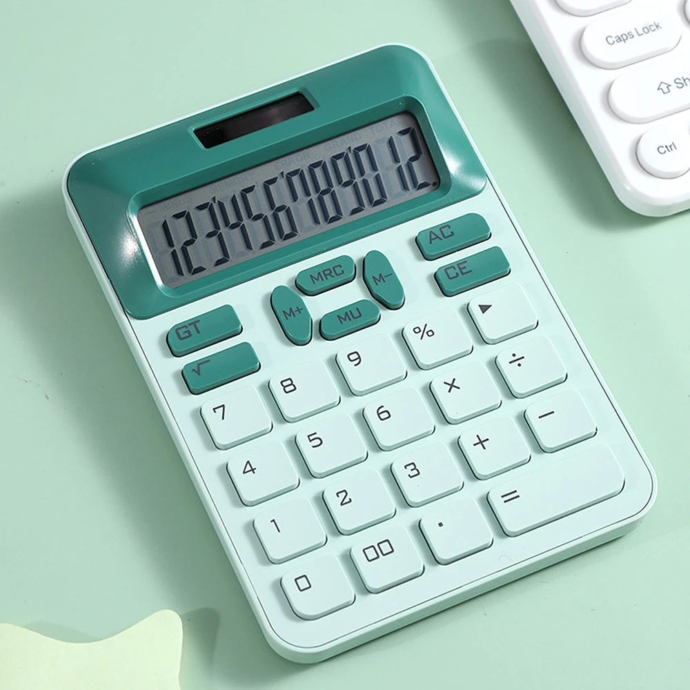 Mechanical Calculator 12 Digit Large Solar Power &LCD Display Big Button Cute Candy Colored Calculator Suit to Office School