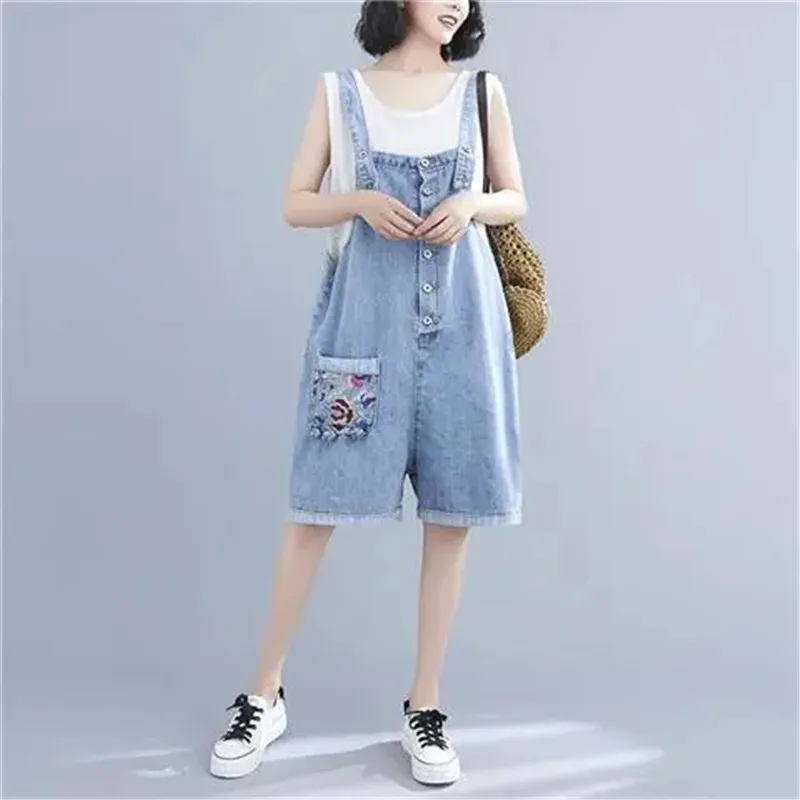 2022 Lente Zomer Rompertjes Vrouwen Nieuwe Geborduurde Denim Jumpsuits Losse Brede Been Jumpsuit Mode Pocket Shorts Broek Vrouwelijke