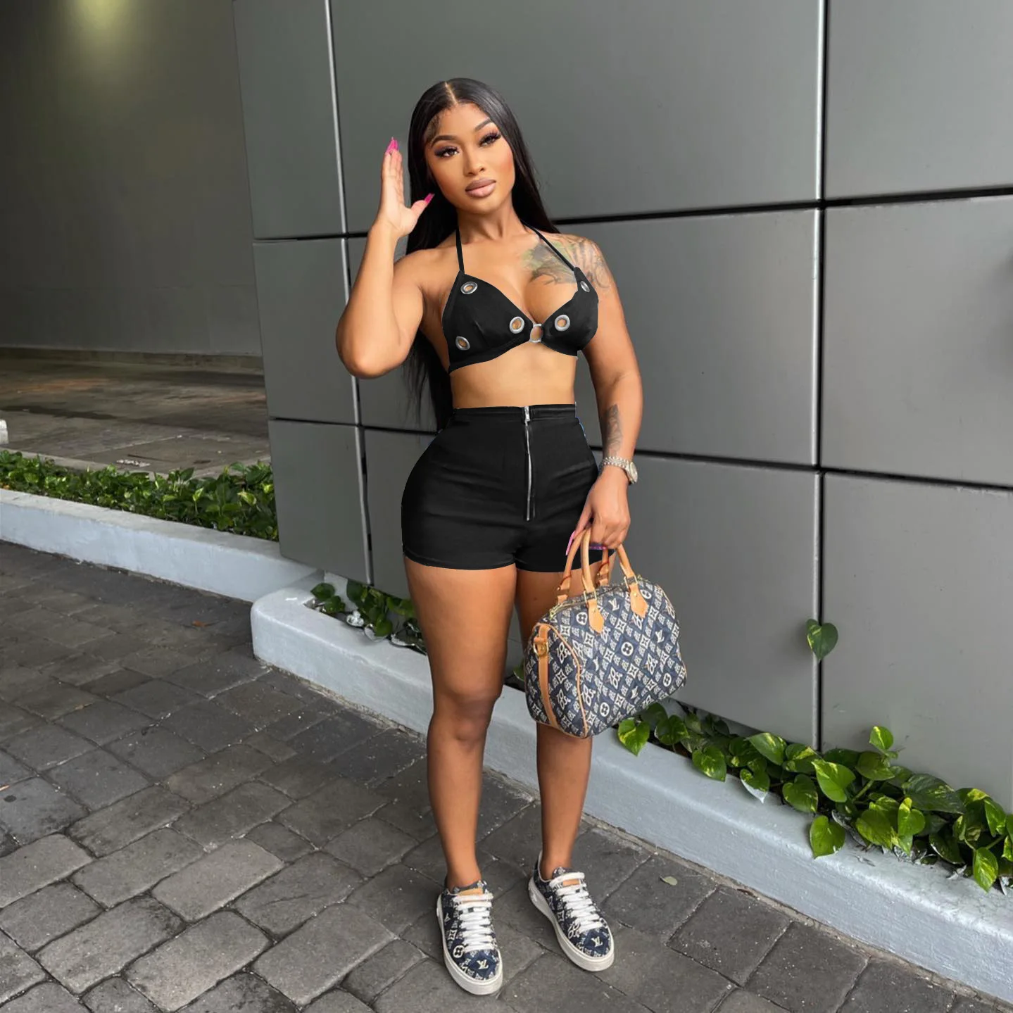 Sexy Grommet Short Tracksuit Women Summer 2023 Lace Up Bra Crop Top + Zipper Shorts Skinny Club Two Piece Set Casual Streetwear