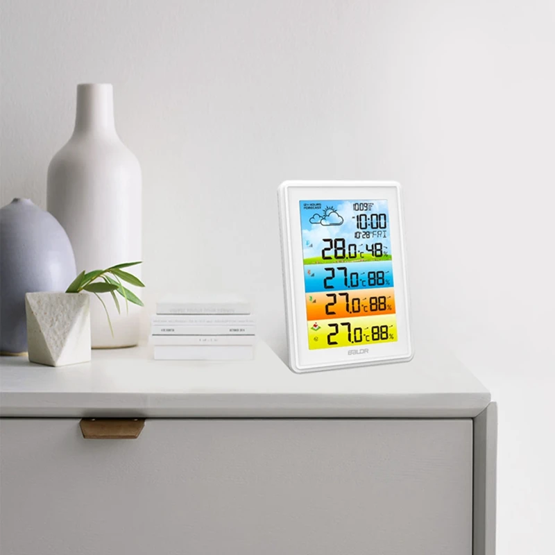 Colorful LCD Weather Station Wireless Digital Humidity Temperature Monitor Moon Phase Alarm Clock Barometer Forecast 3 Sensors