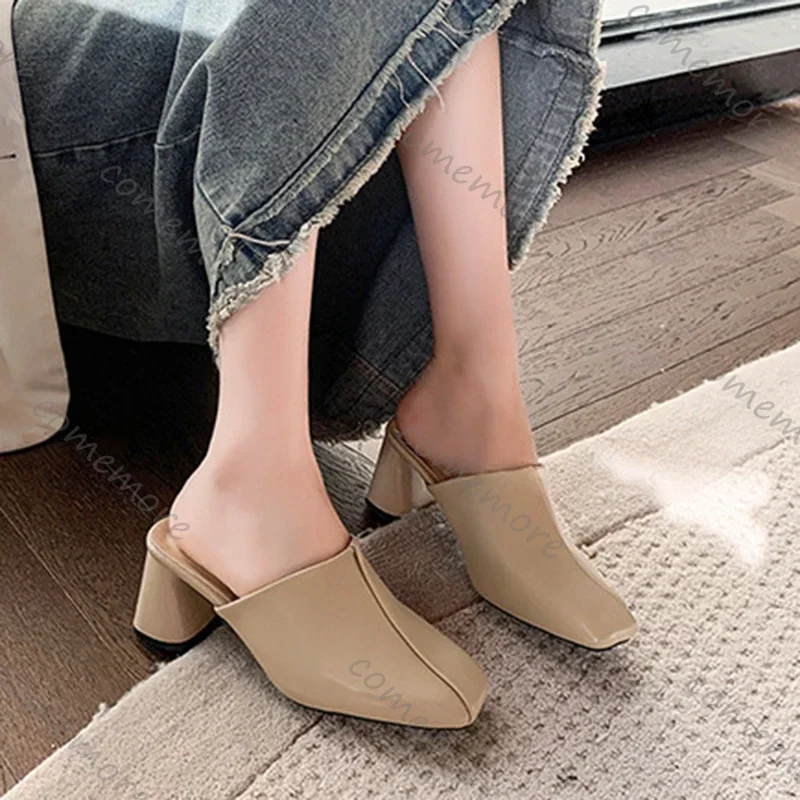 Comemore Baotou Half Slippers Women Square Head High Heels Shoes Fashion Outside Wear Thick Heel Solid Color Mules Slides Shoes