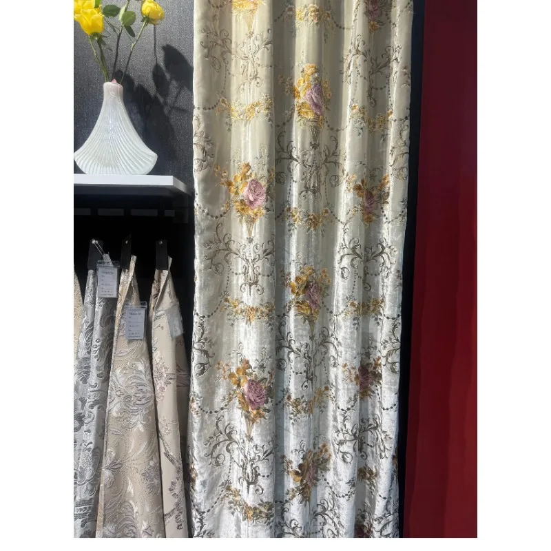 Retro Green Velvet Embroidery Thickened Curtains for Living Room Bedroom French Window Partition Curtain Villa Customization