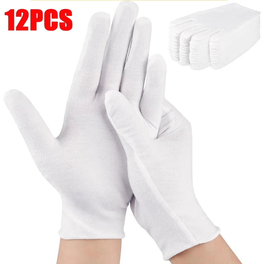 

12PCS White Cotton Gloves Jewelry Gloves for Men Women Dry Hands Moisturizing Eczema Inspection Work Gloves Stretchable Cloth