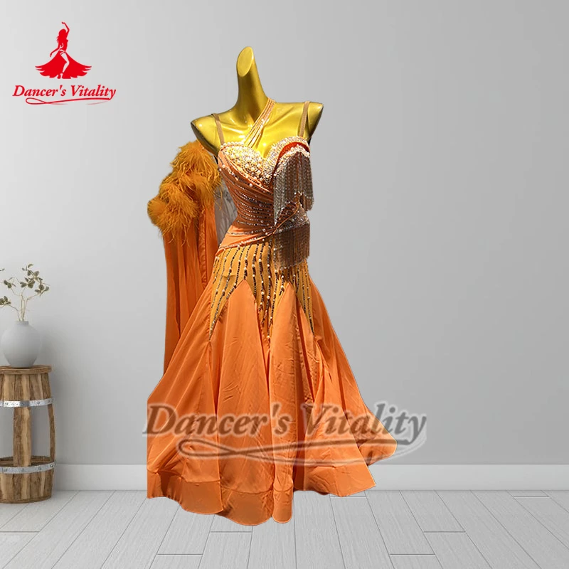 여성용 소셜 댄스 섹시 슬리브리스 슬링 백리스 우아한 빅 스윙 드레스 댄서의 활력 성인 왈츠 대회 의상 맞춤 제작