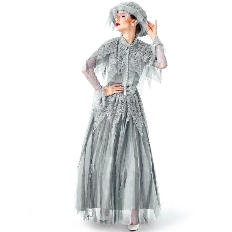 

Day Of The Dead Graveyard Ghost Bride Costume Halloween Gray Skeleton Spooky Maid Fantasia Fancy Dress