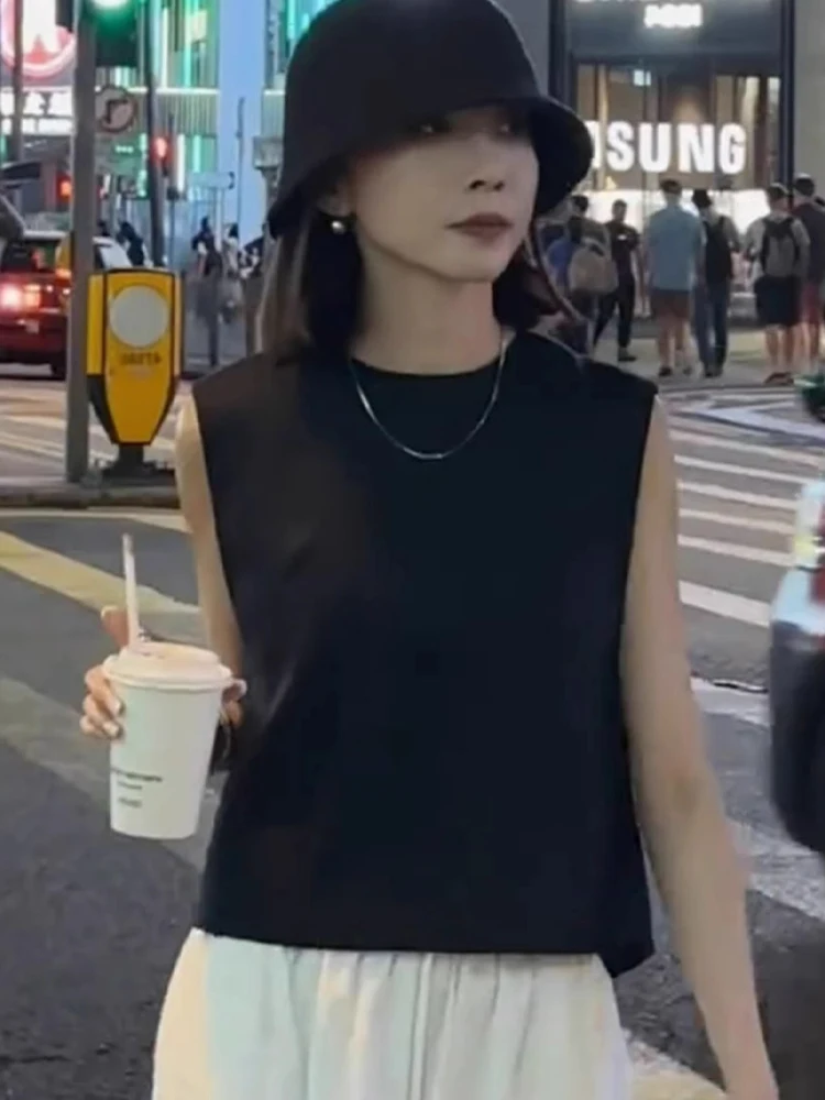 ファッショナブルな通勤用スリムベスト、ゆったりとしたラウンドネック、スプリットデザインのレディーストップス、初秋のカジュアルウェア