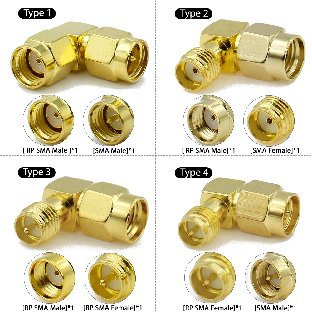 SMA RP-SMA Male Plug to RPSMA Female Jack RF Coaxial Adapter Right Angle 90 Degree Connector Kit for FPV Drone WiFi Antenna