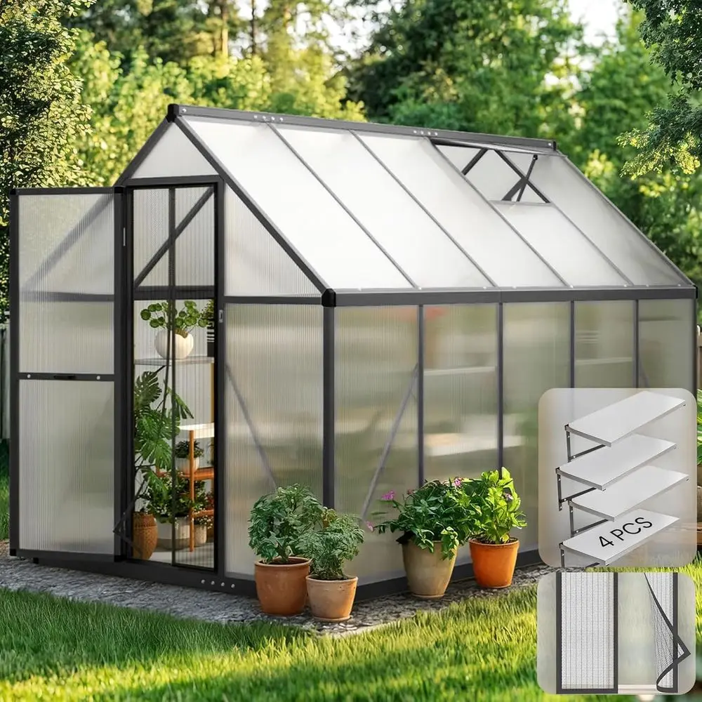 

Зеленый дом из поликарбоната 9,2x6 футов для улицы, алюминиевая рама, устойчивая к ультрафиолетовому излучению панель для сада на заднем дворе с запирающейся сетчатой дверью