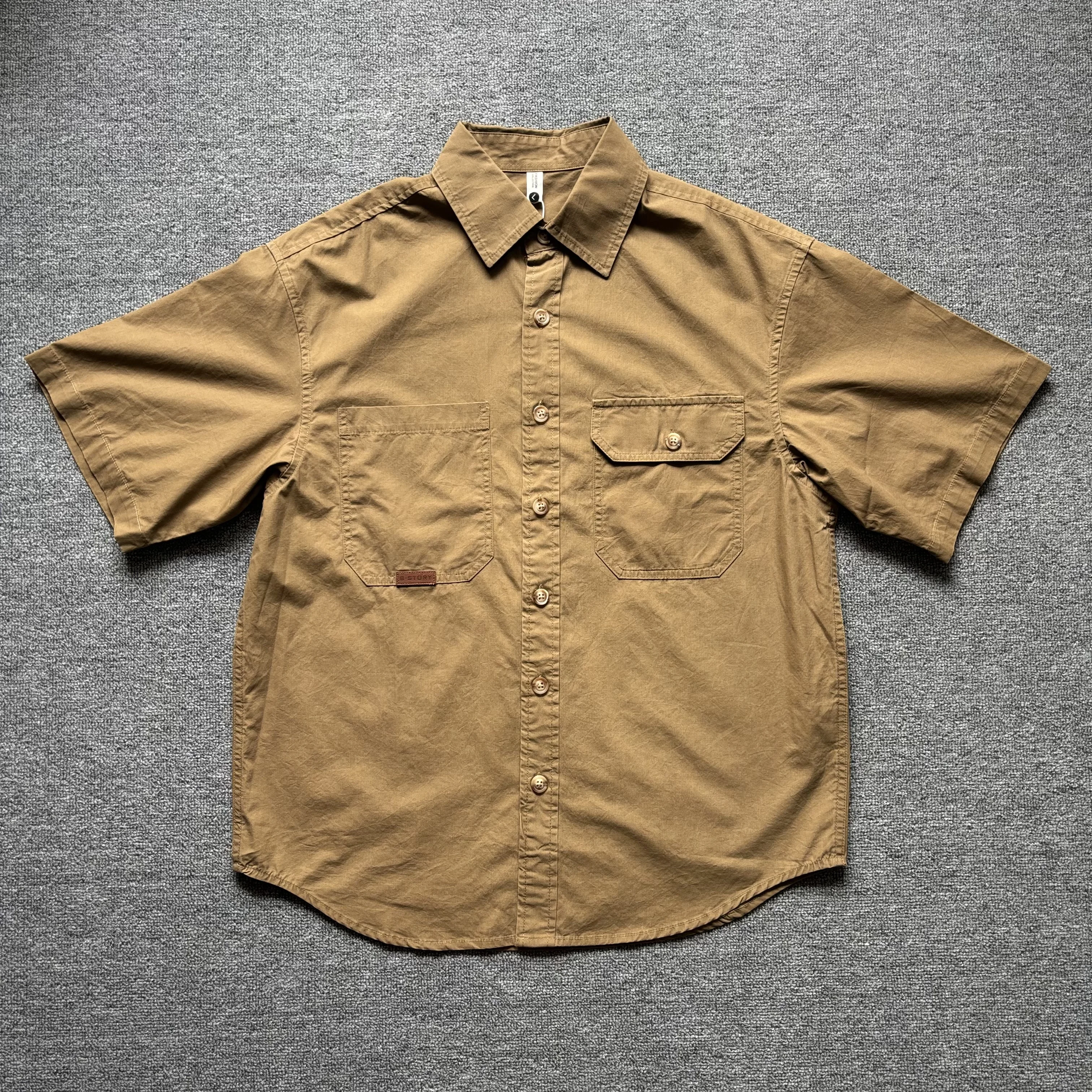 Spring and summer retro workwear pure cotton short-sleeved lapel shirt for men casual solid color loose T