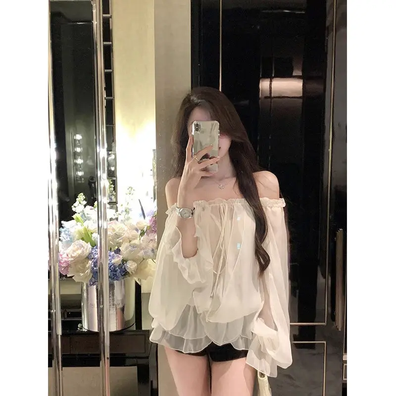 

Белая рубашка во французском стиле, шикарный топ с длинными рукавами, женская новинка лета 202, нежная блузка с вырезом на плечах и открытыми плечами, Blusas Mujer