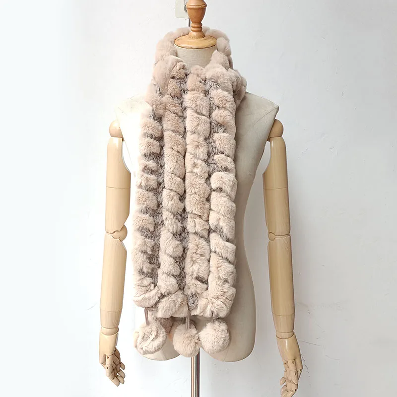 Women Knitted Real Rex Rabbit Fur Scarf With Pompom Warm Thick Winter Genuine Female Fashion Genuine Rabbit Fur Scarves