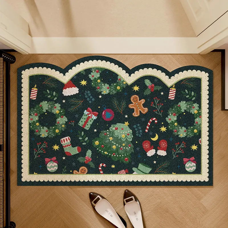 Green Christmas Argyle Plaid PVC Coil Doormat Cuttable Anti Slip Dirt Trapping Entrance Door Mat Waterproof Floor Rug Xmas Decor