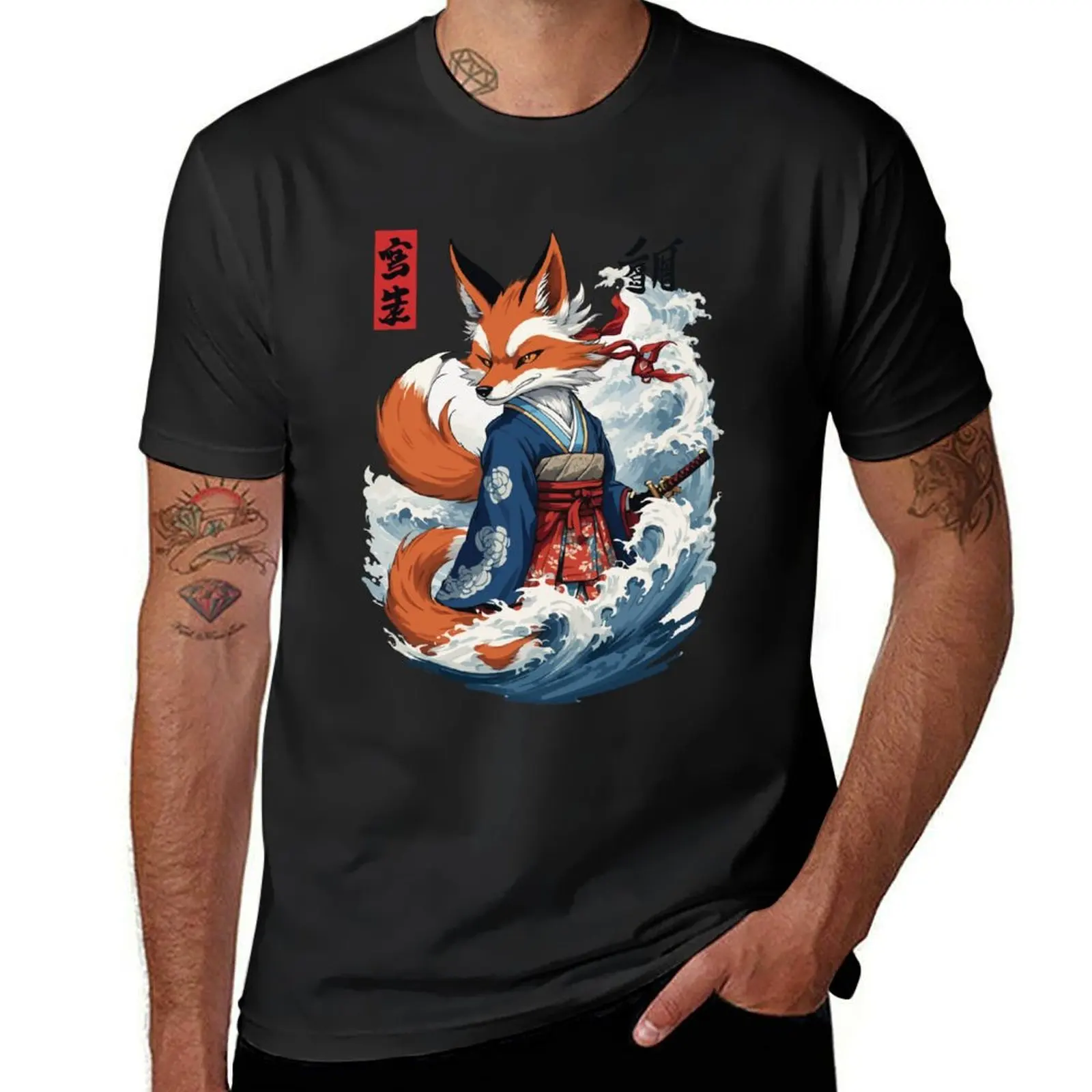 

Ukiyo-E Samurai Fox Japanese Kitsune Mask T-Shirt oversized summer top tops Blouse Men's cotton t-shirt