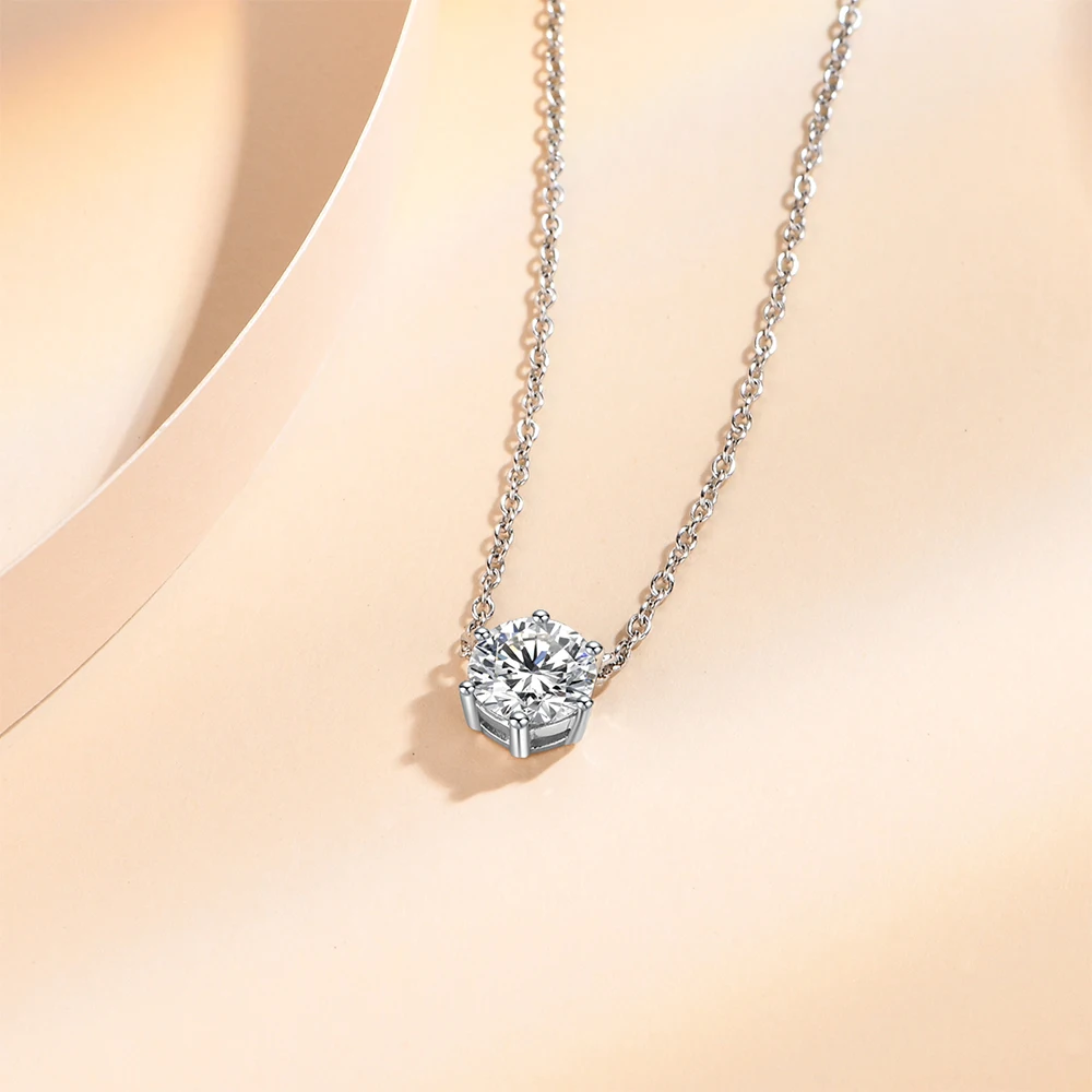 ATTAGEMS 925 Silver Necklace Pendant Round Cut 1.0ct D Color White Moissanite Pass Diamond Test for Women Elegant Necklace