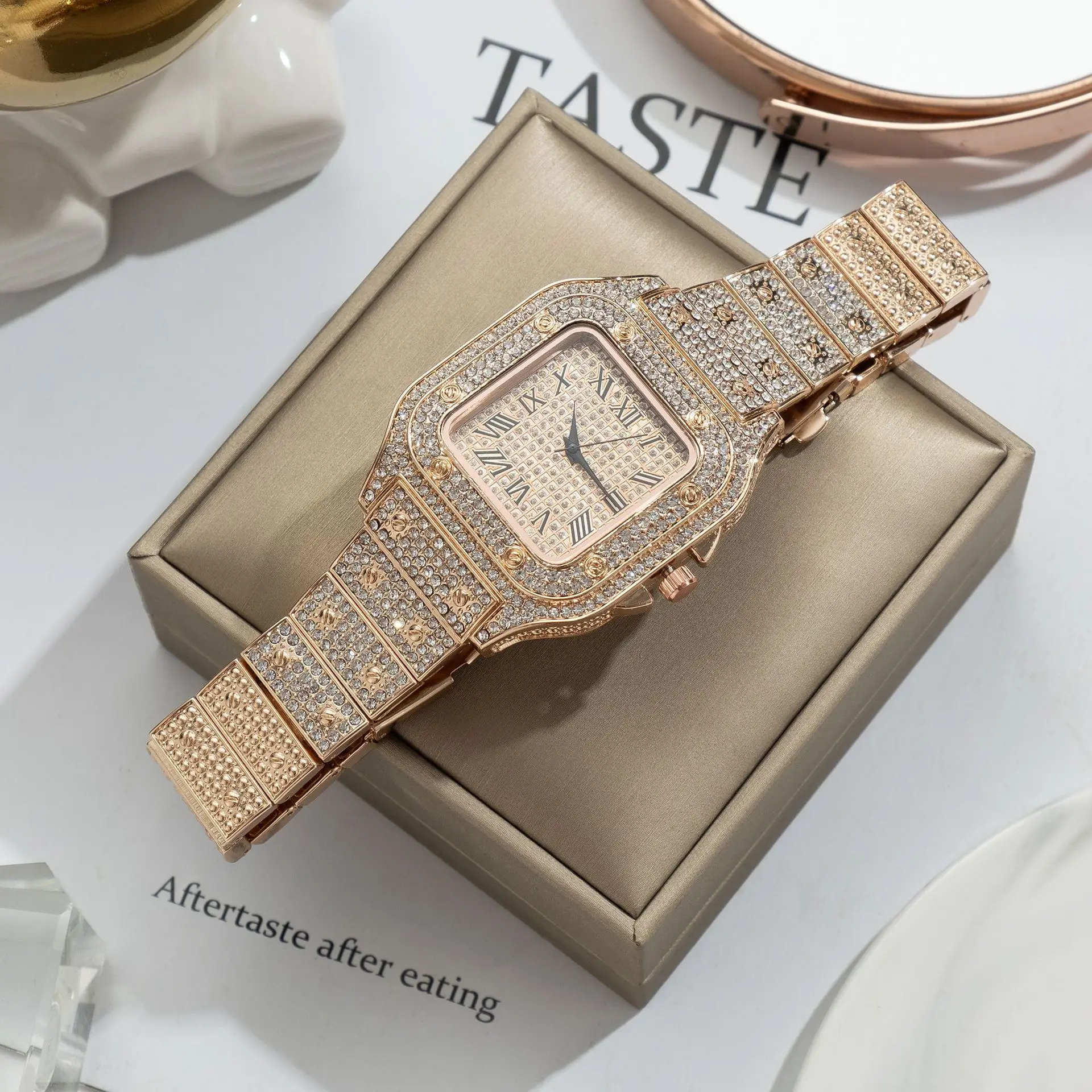 UTHAI L77 Uhr Für Männer Mode Luxus Gold Quadrat Diamant Volle Sky Star Männliche Uhr Uhren Stahl Band Quarz Armbanduhr