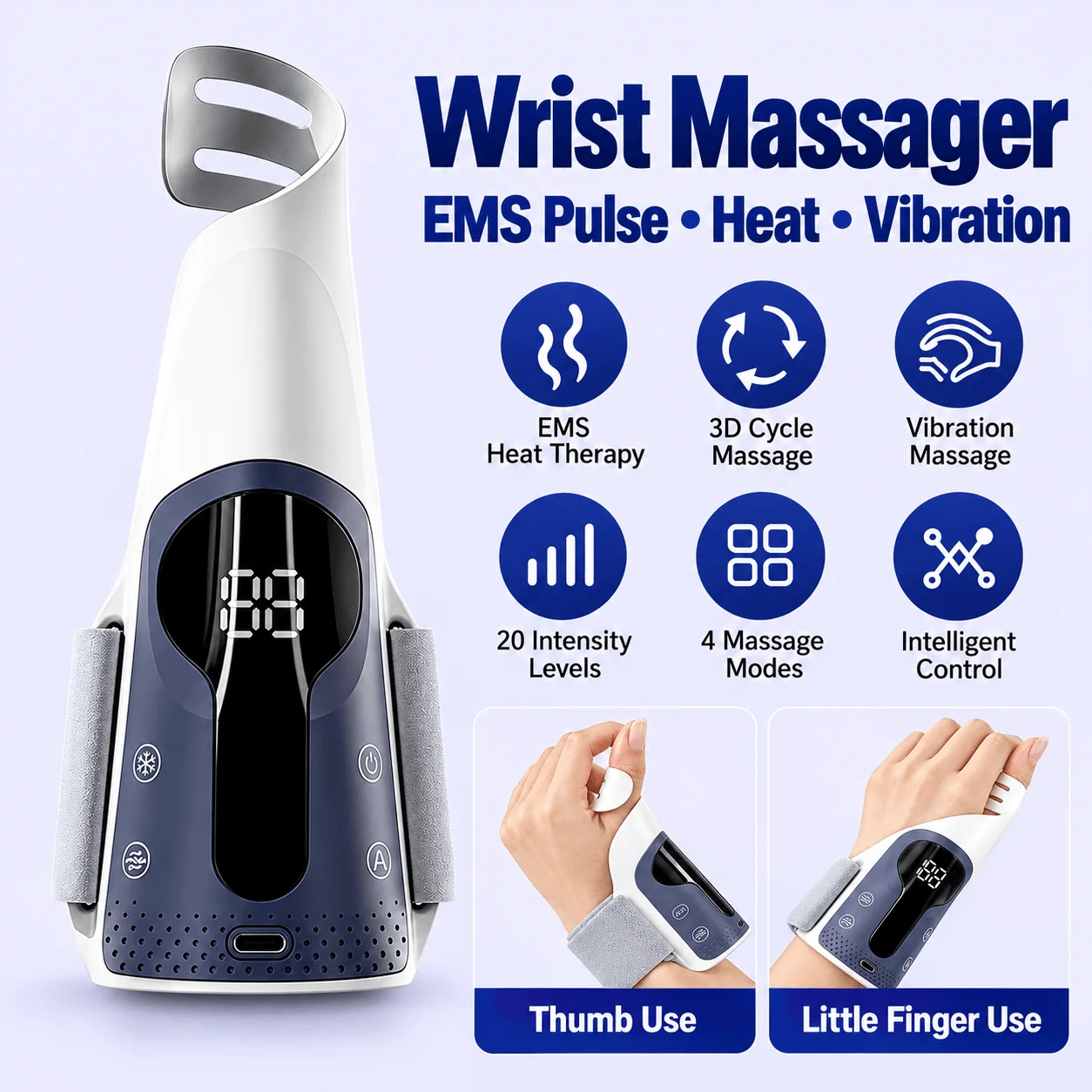 Wrist Massager with Heat and Vibration EMS Pulse Therapy 4 Massage Modes 20 Intensity Levels Rechargeable Hand Thumb Support