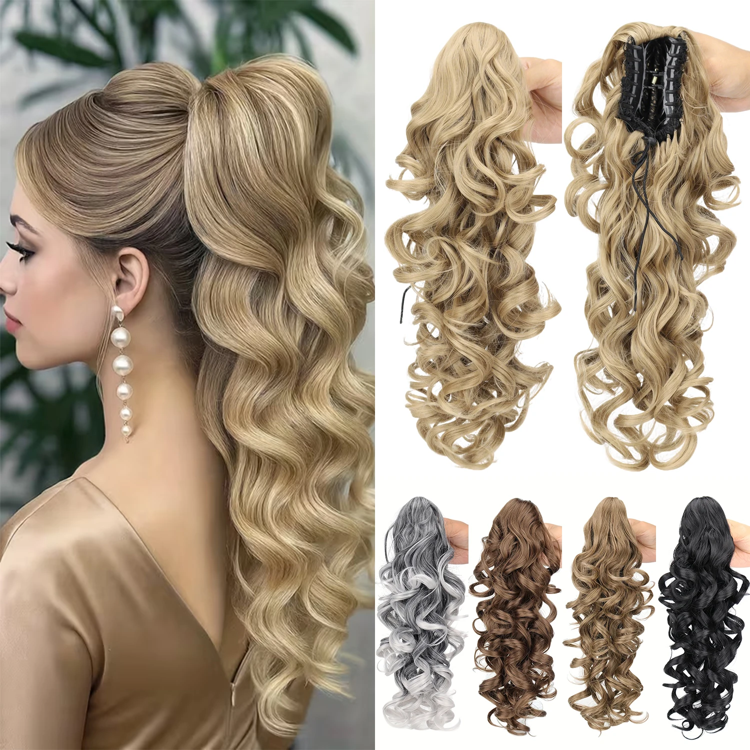 

18Inch Claw Clip On Ponytail Hair Extensions Long Curly Wavy Pony Tail for Women Increase Hair Volume Blonde Brown Ponytail