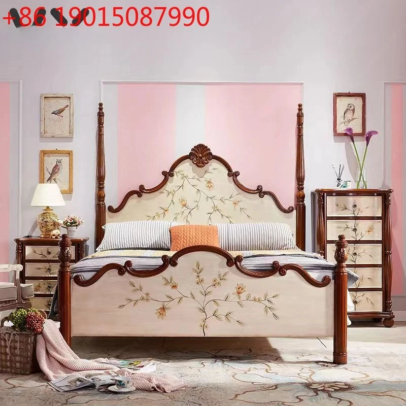 

Solid wood simple double handmade painting master bedroom wedding bed French small apartment solid wood bed customization