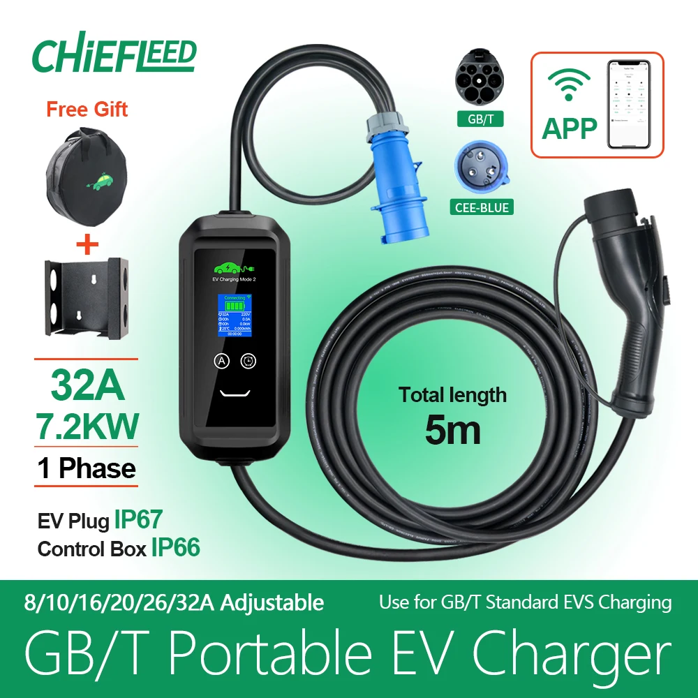 Chiefleed APP GBT EV Charger WIFI Bluetooth Support 1P 32A 7.2KW EU Plug For Home Charge Delay Control By Phone IP66