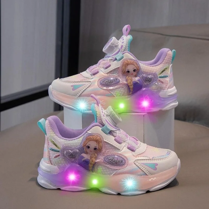 Children's Sneakers with Lights 2023 Spring and Autumn New Rotating Button Mesh Breathable Luminous Girls' Cartoon Running Shoes