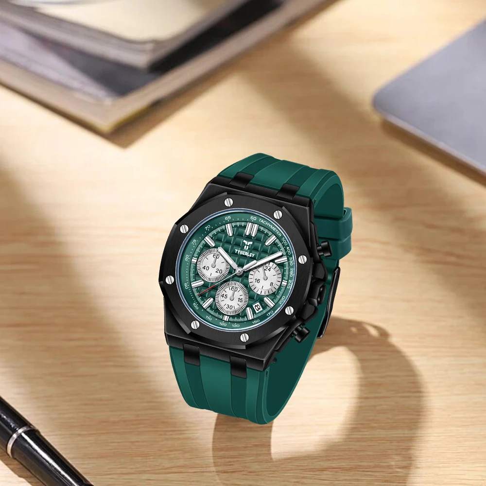 TYBERLEY 2026 New Men's Quartz Watch 42mm Retro Luxury Rubber Strap Calendar Luminous Waterproof Chronograph Exquisite Gift Box