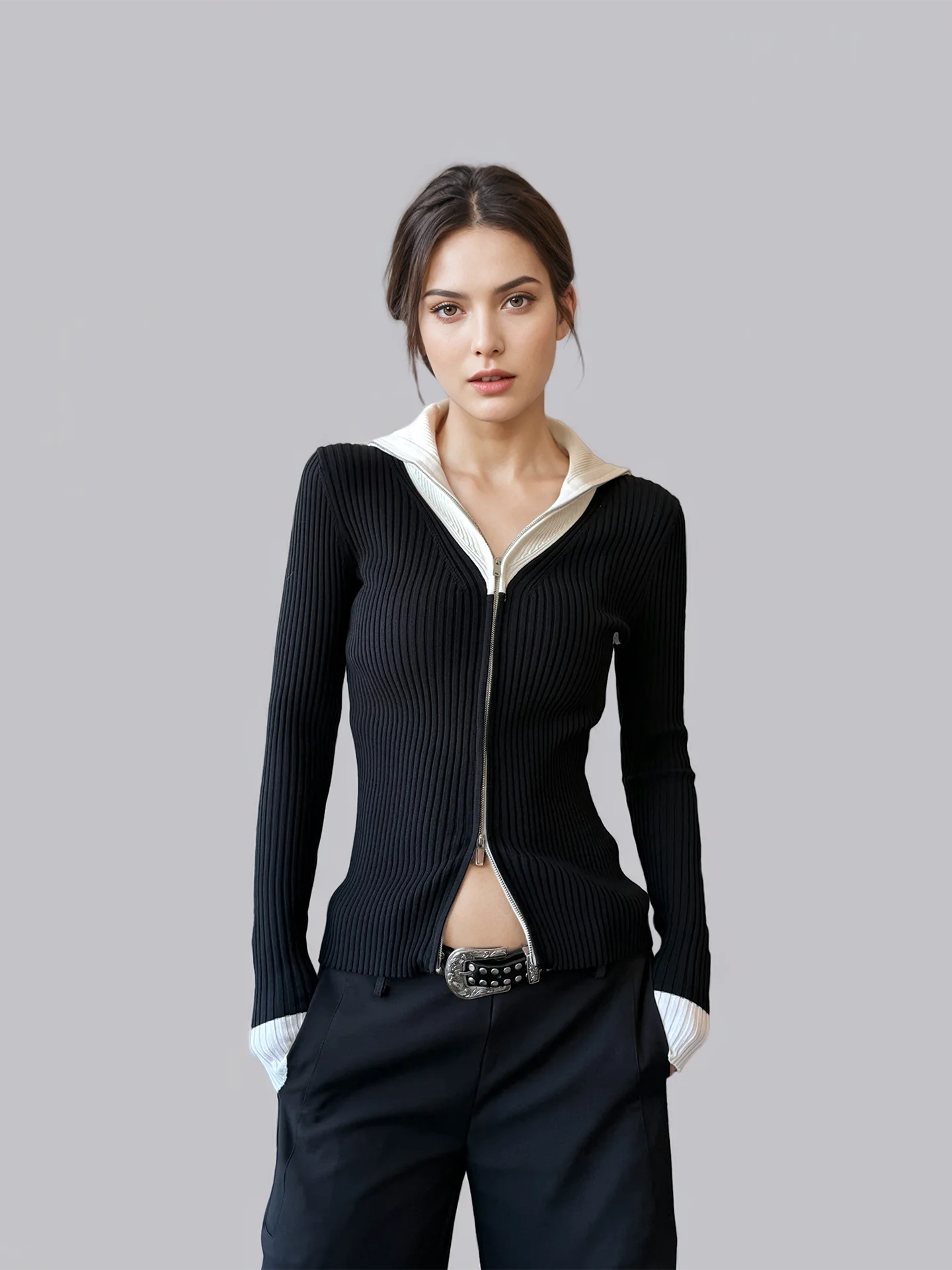 

ANGJIA Early Spring Aosphere Sensation Knitted Sweater with Collar Dual Zipper Design Color Blo Women's Faion Cardigan