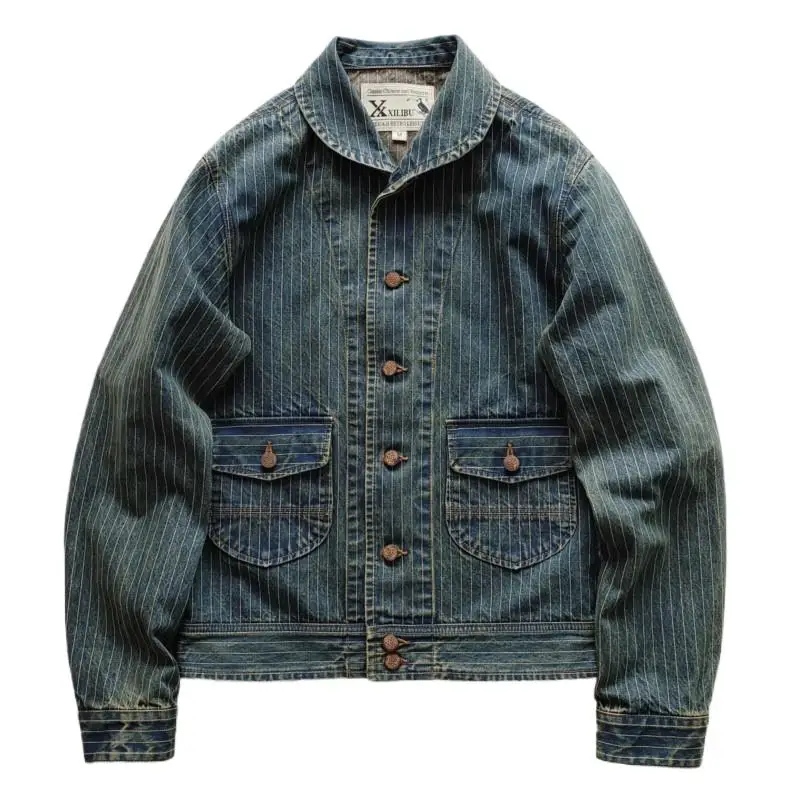 Amekaji Wear Clothes Mengood Quality Striped Denim Green Fruit Collar Jacket Coat Classic Washed Distressed