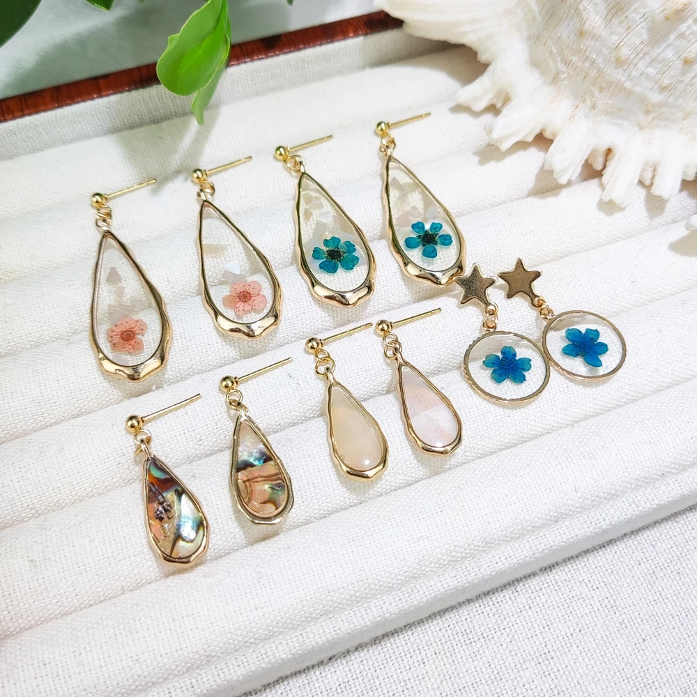 Unique Elegant Resin Pressed Flowers Gold Plated Drop Earrings Anniversary Engagement Fine Jewelry