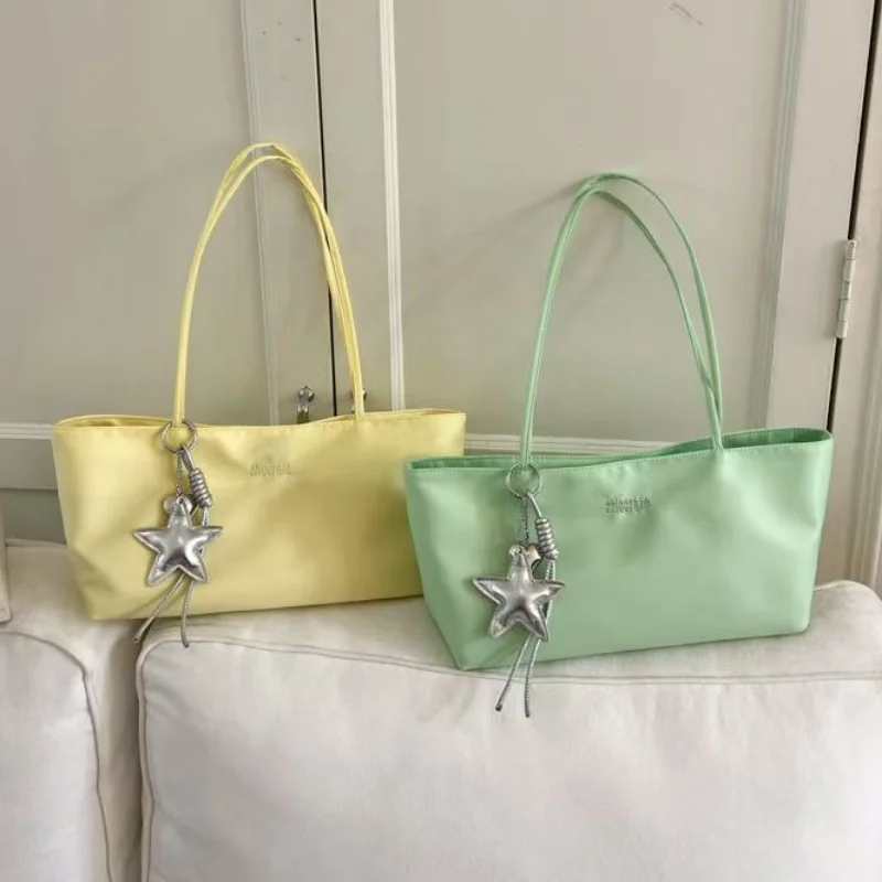 Kawaii Yellow Green Satin Shoulder Bag Ladies Silver Star Pendant Decor Long Handle Small Tote Purse Summer Daily Travel Handbag