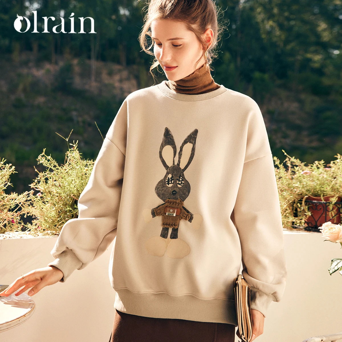 

OLrain Fun Print Oversized Sweatshirt Woman Tops 2025 Autumn Winter French Crew Neck Lazy Drop Sleeve Loose Pullover O23CR69835
