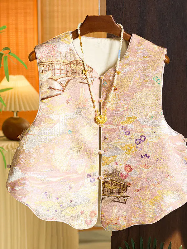 

New Chinese Sle Long Sve Women's Vest Jaet Outerwear Pink Embroidery Spring Autumn New Model Commute Sle Top