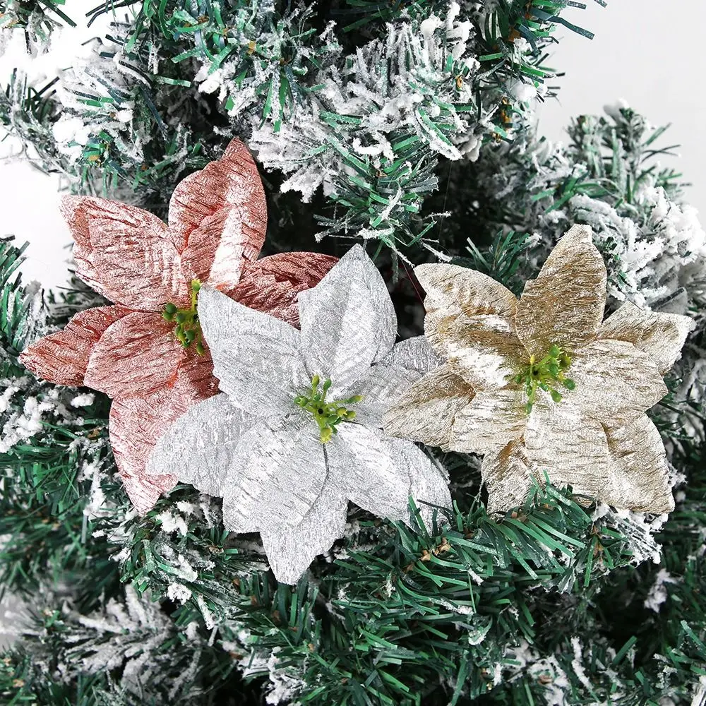 15cm Christmas Glitter Poinsettia Flower Large Flocking Artificial Christmas Flower Sequins Realistic Simulated Flower Head