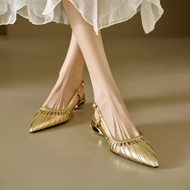 New 2024 Spring and Summer Women\'s Pointed Toe Lov Heel Shoes Strap Gold Silver High Heel Sandals Versatile Slingback High Heels