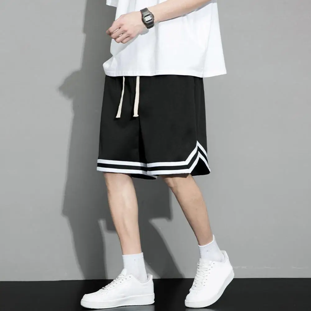 2025 Men Shorts Elastic Waist Adjustable Drawstring Sport Shorts Pockets Solid Color Wide Leg Casual Shorts Streetwear Bottoms