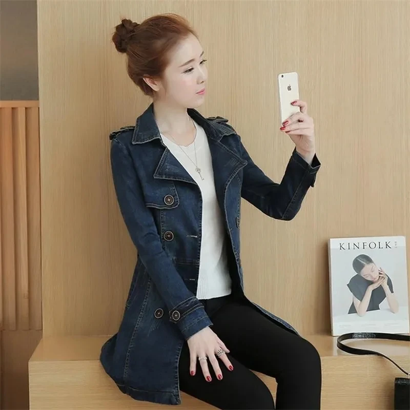 Kurtka dżinsowa damska 2025 Wiosna Jesień Nowa moda Luźne dżinsy na wszystkie mecze Trencz Kobiecy Casual Duży rozmiar Talia Długa odzież wierzchnia