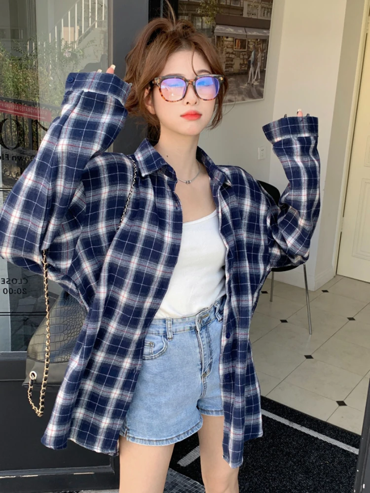 Plaid Shirts Women Vintage Y2k All-match Korean Style Fashion Simple Long Sleeve Streetwear Hotsweet Hipster Clothing Summer New