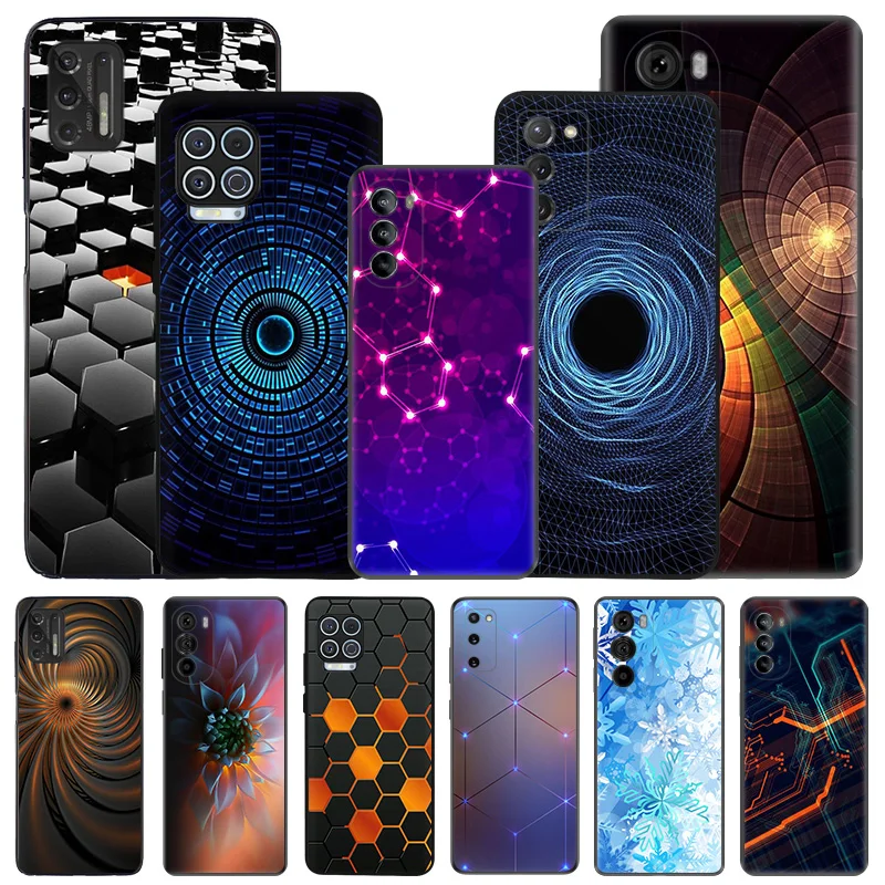 Soft Phone Cases For Moto G53 G73 G9 G50 G51 G60 G71 G22 G32 G52 G72 Edge40 30 Abstract Starry Circle Rhombic Black Matte Cover