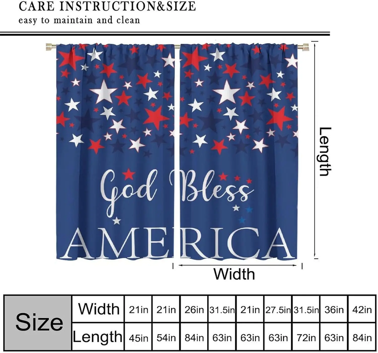 4th of July US Flag Thermal Curtains, Red Blue Star God Bless Print 2 Panels Rod Pocket Drapes for Holiday Bedroom Living Room