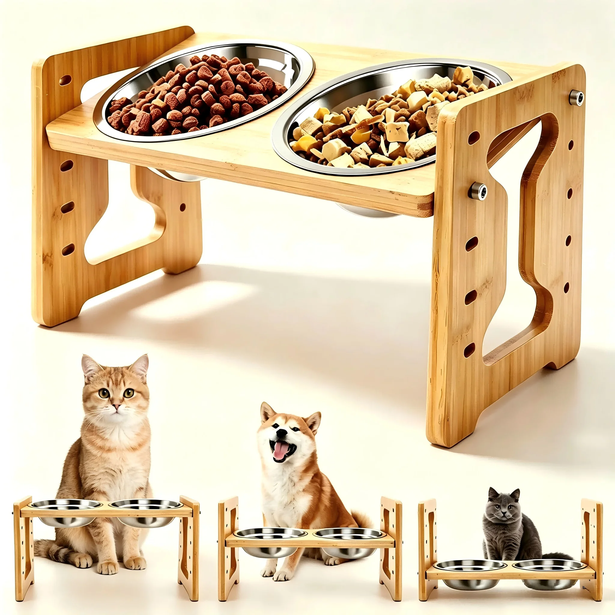 Wooden Elevated Dog Cat Feeder Stand Adjustable Raised Double Stainless Steel Bowls 15°Tilt Anti Slip Pet Food Water Bowl