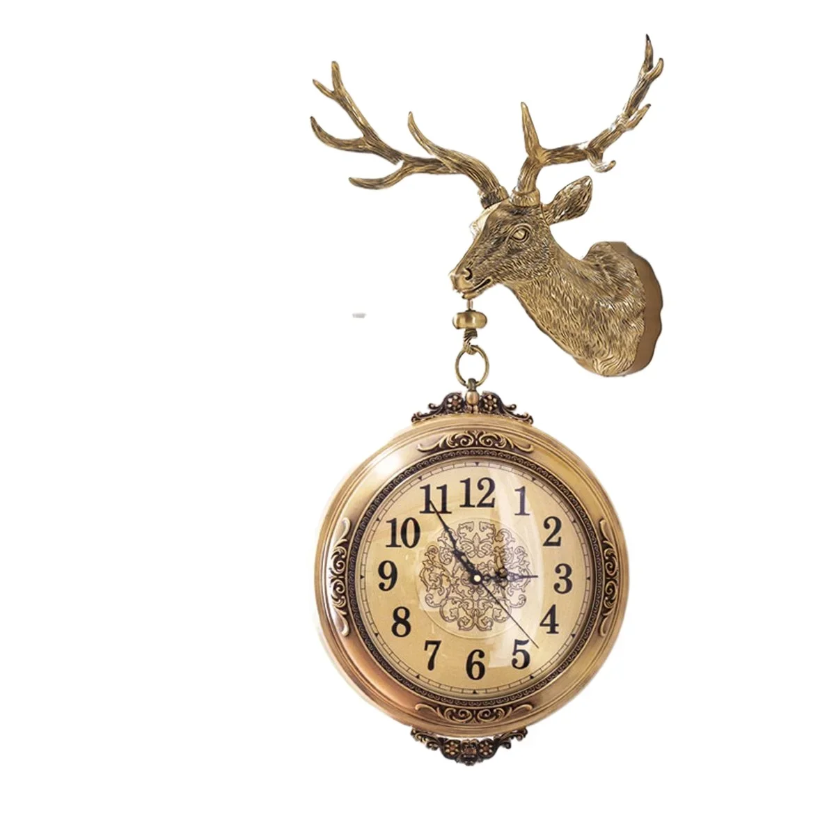 Silent double-sided wall clock household large decorative two-sided clock brass deer head wall clock living room