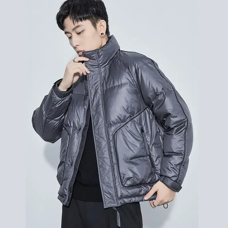 

Men Short Lightweight Down Jacket Winter Warm Down Coat Korean Loose White Duck Down Big Pockets Zipper Long Sleeve Outerwear