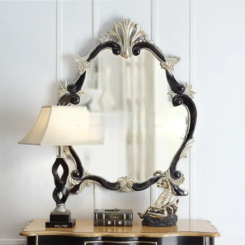 

European-Style Wood Carving Antique Silver Foil Art Mirror Hallway Fireplace Hanging Mirror Wall-Mounted Bathroom Mirror