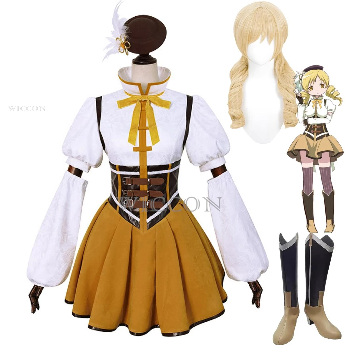 

Tomoe Mami Косплей Аниме Puella Magi Madoka Magica Cos Костюм Парик Боевая Униформа Kawaii Платье Обувь Шляпа Женский Карнавальный Костюм