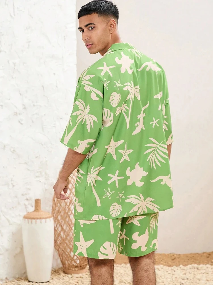 Conjunto de camisa hawaiana de manga corta y pantalones cortos de playa para hombre, camisa informal de verano, pantalones cortos cómodos y transpirables